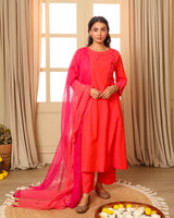 Aashvi Coral Kalidar Mangalgiri Cotton Kurta With Desert Hand Embroidery