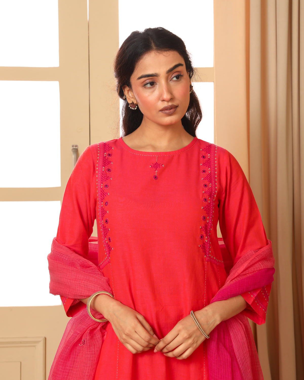 Aashvi Coral Kalidar Mangalgiri Cotton Kurta With Desert Hand Embroidery