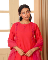 Aashvi Coral Kalidar Mangalgiri Cotton Kurta With Desert Hand Embroidery