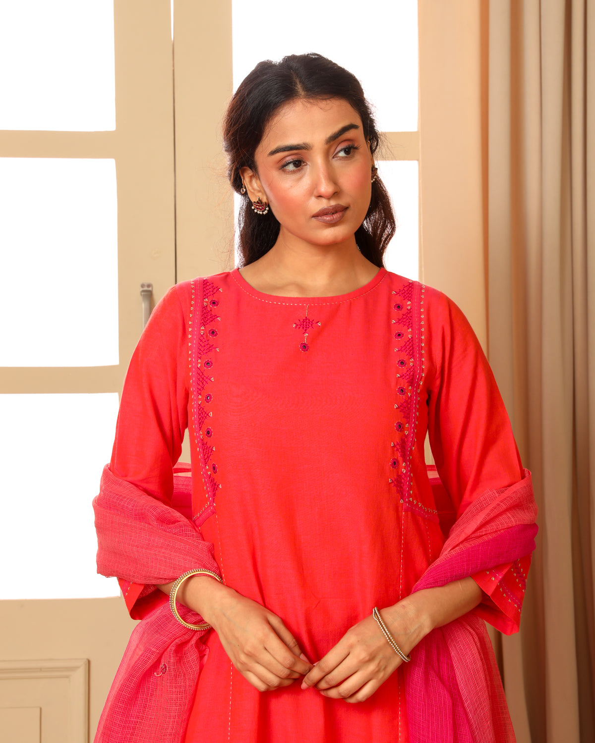 Aashvi Coral Kalidar Mangalgiri Cotton Kurta With Desert Hand Embroidery