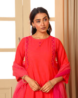 Aashvi Coral Kalidar Mangalgiri Cotton Kurta With Desert Hand Embroidery