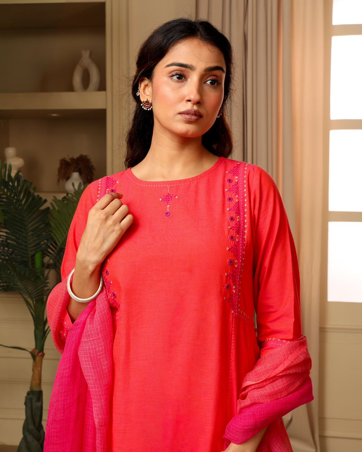 Aashvi Pink Kalidar Mangalgiri Cotton Kurta With Desert Hand Embroidery