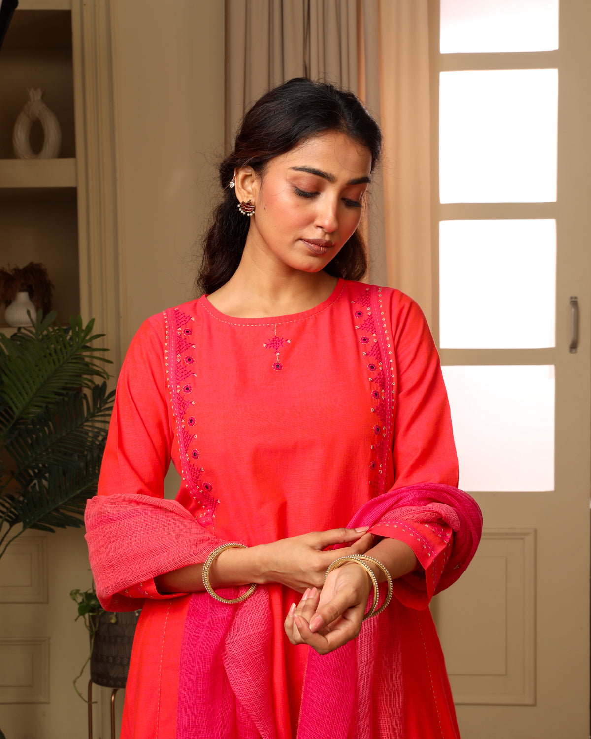 Aashvi Coral Kalidar Mangalgiri Cotton Kurta With Desert Hand Embroidery