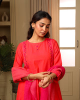 Aashvi Coral Kalidar Mangalgiri Cotton Kurta With Desert Hand Embroidery