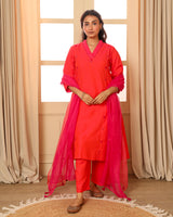 Aashvi Coral V-Neck Mangalgiri Cotton Kurta With Desert Hand Embroidery