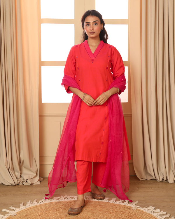Aashvi Coral V-Neck Mangalgiri Cotton Kurta With Desert Hand Embroidery