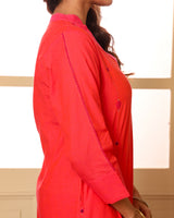 Aashvi Coral V-Neck Mangalgiri Cotton Kurta With Desert Hand Embroidery