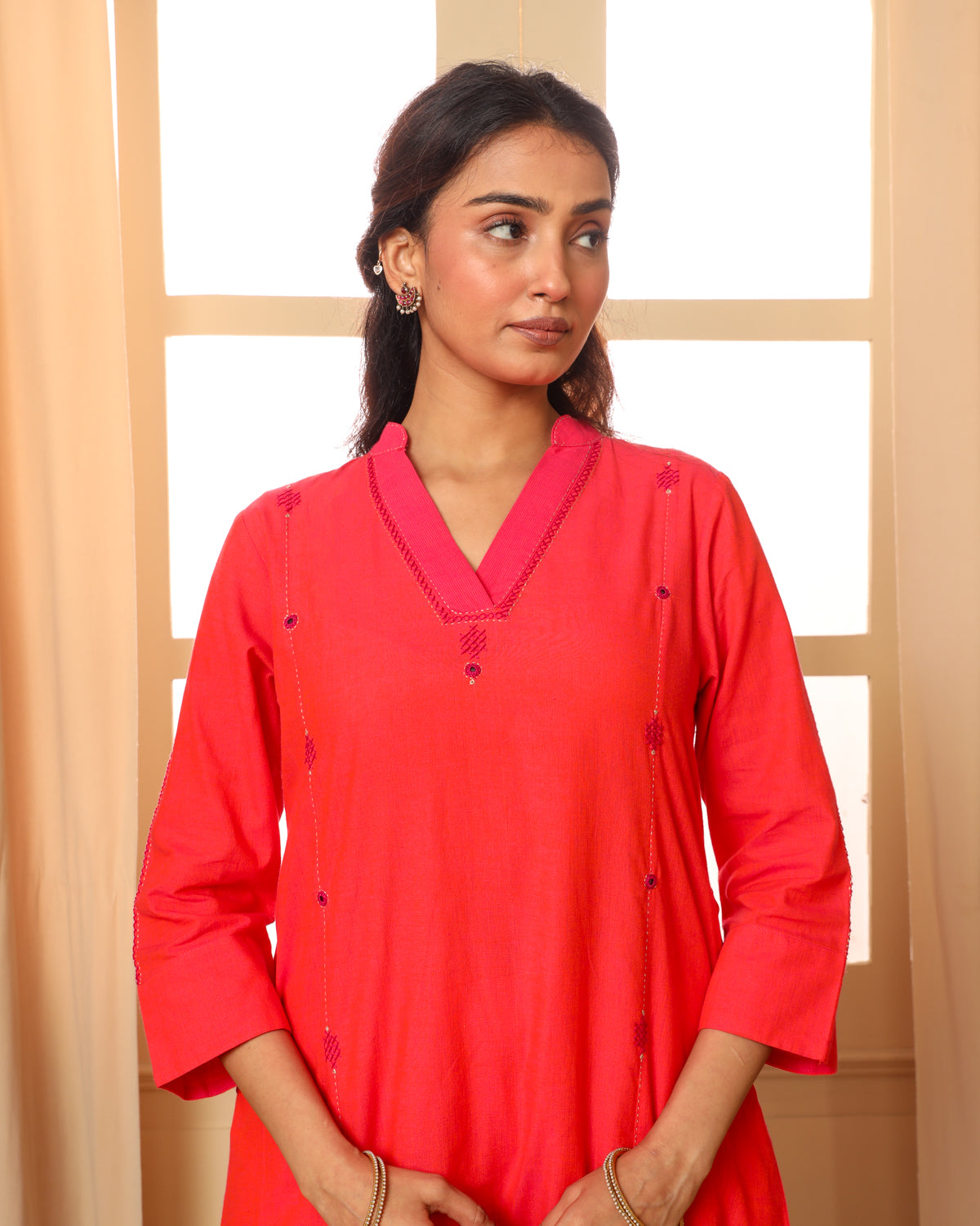 Aashvi Coral V-Neck Mangalgiri Cotton Kurta With Desert Hand Embroidery
