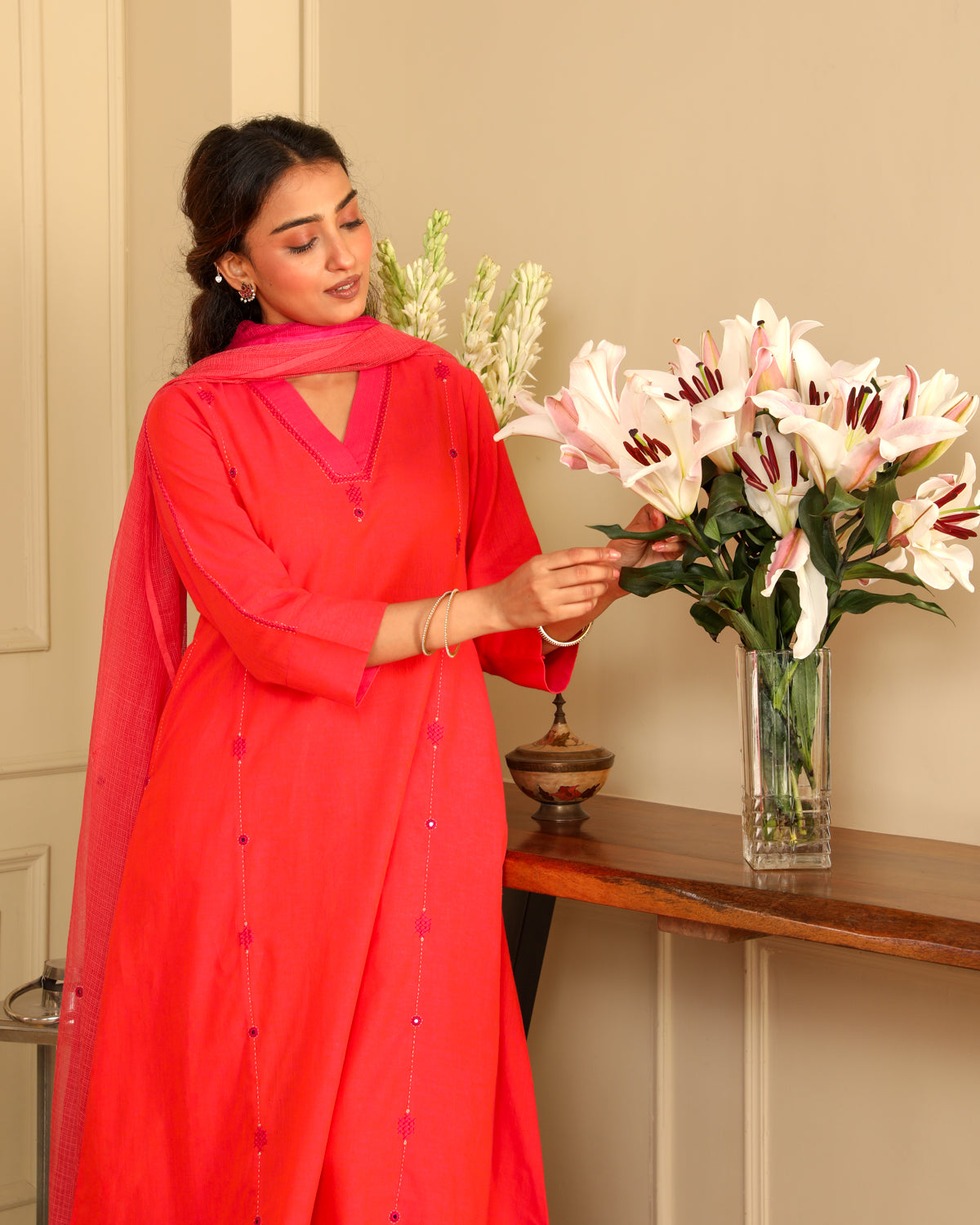 Aashvi Coral V-Neck Mangalgiri Cotton Kurta With Desert Hand Embroidery