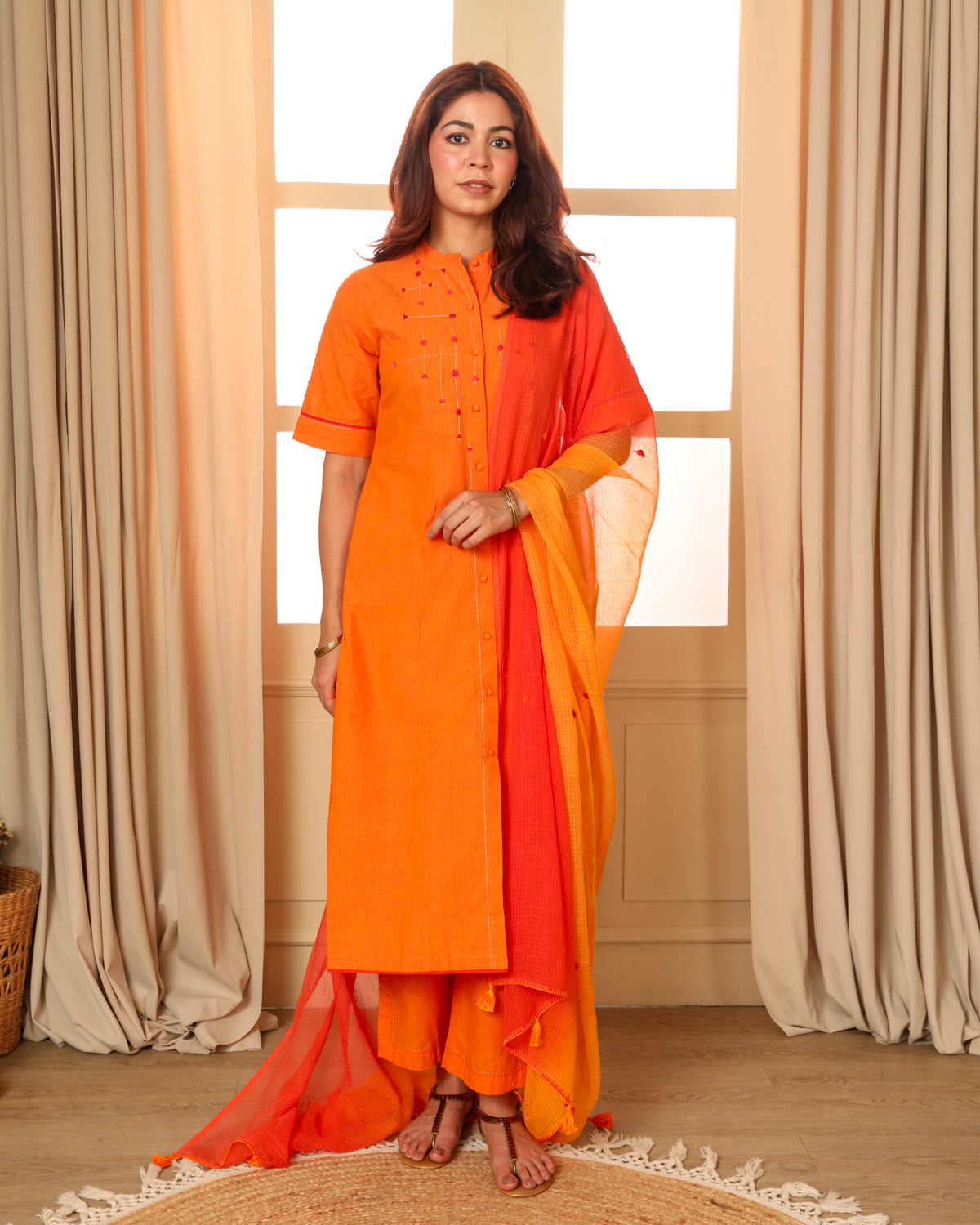 Aashvi Yellow Collar Mangalgiri Cotton Kurta With Soof Hand Embroidery