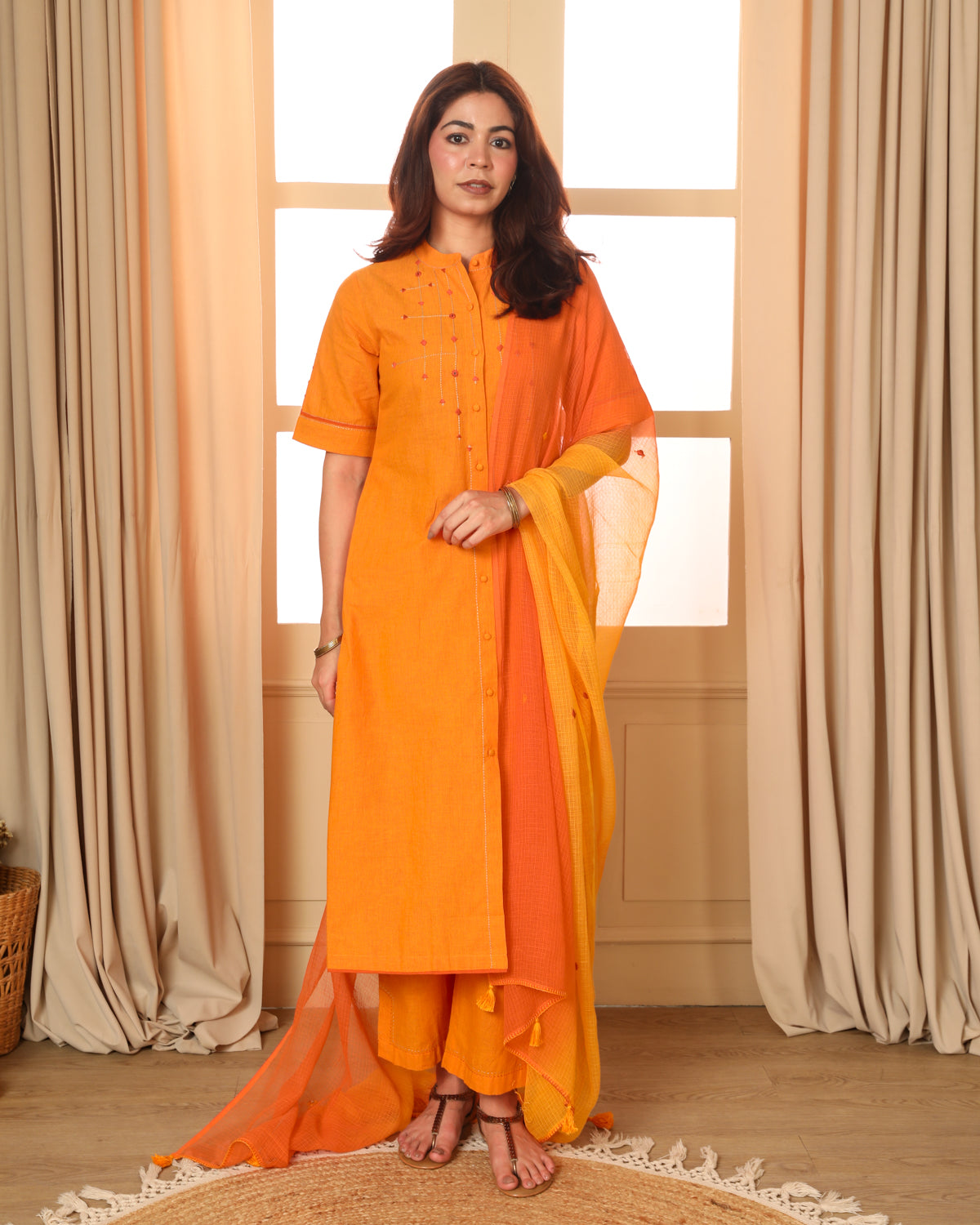 Aashvi Yellow Collar Mangalgiri Cotton Kurta With Soof Hand Embroidery