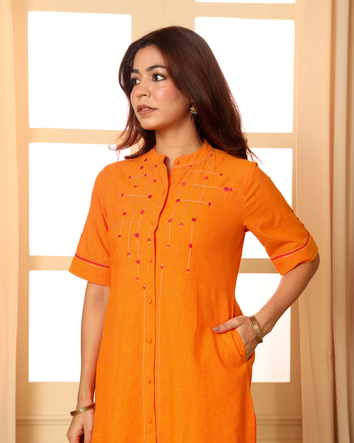 Aashvi Yellow Collar Mangalgiri Cotton Kurta With Soof Hand Embroidery