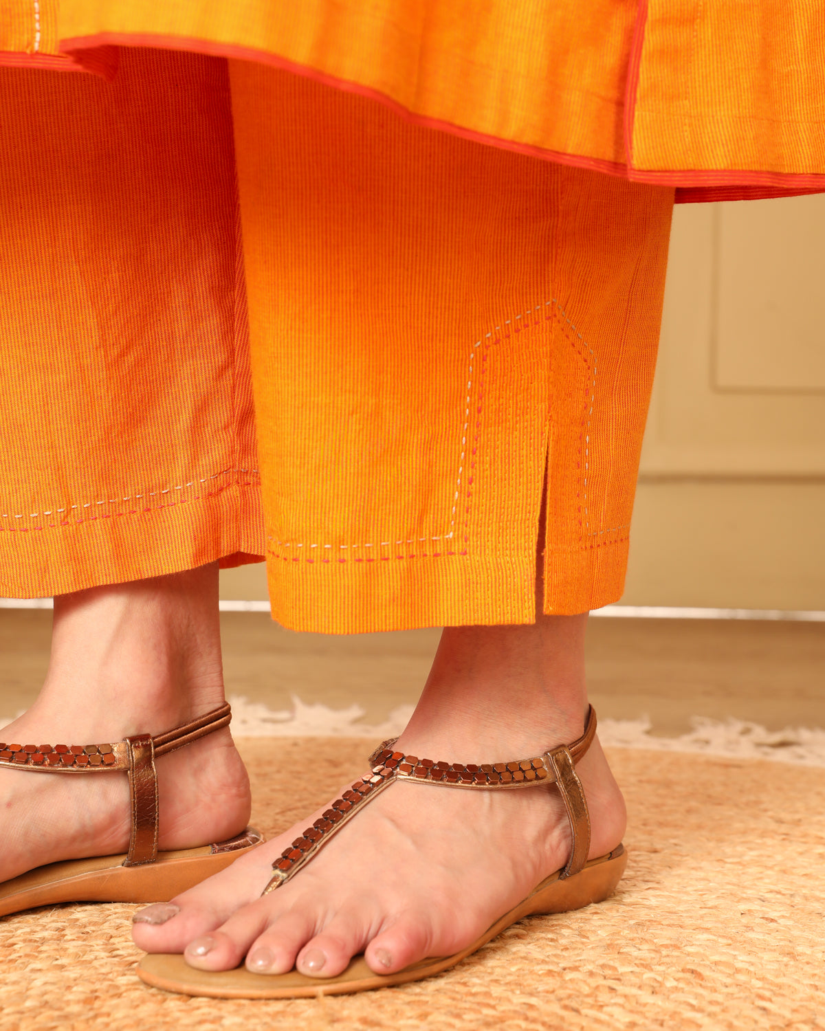Aashvi Yellow Straight-Fit Mangalgiri Cotton Pant With Kantha Hand Embroidery