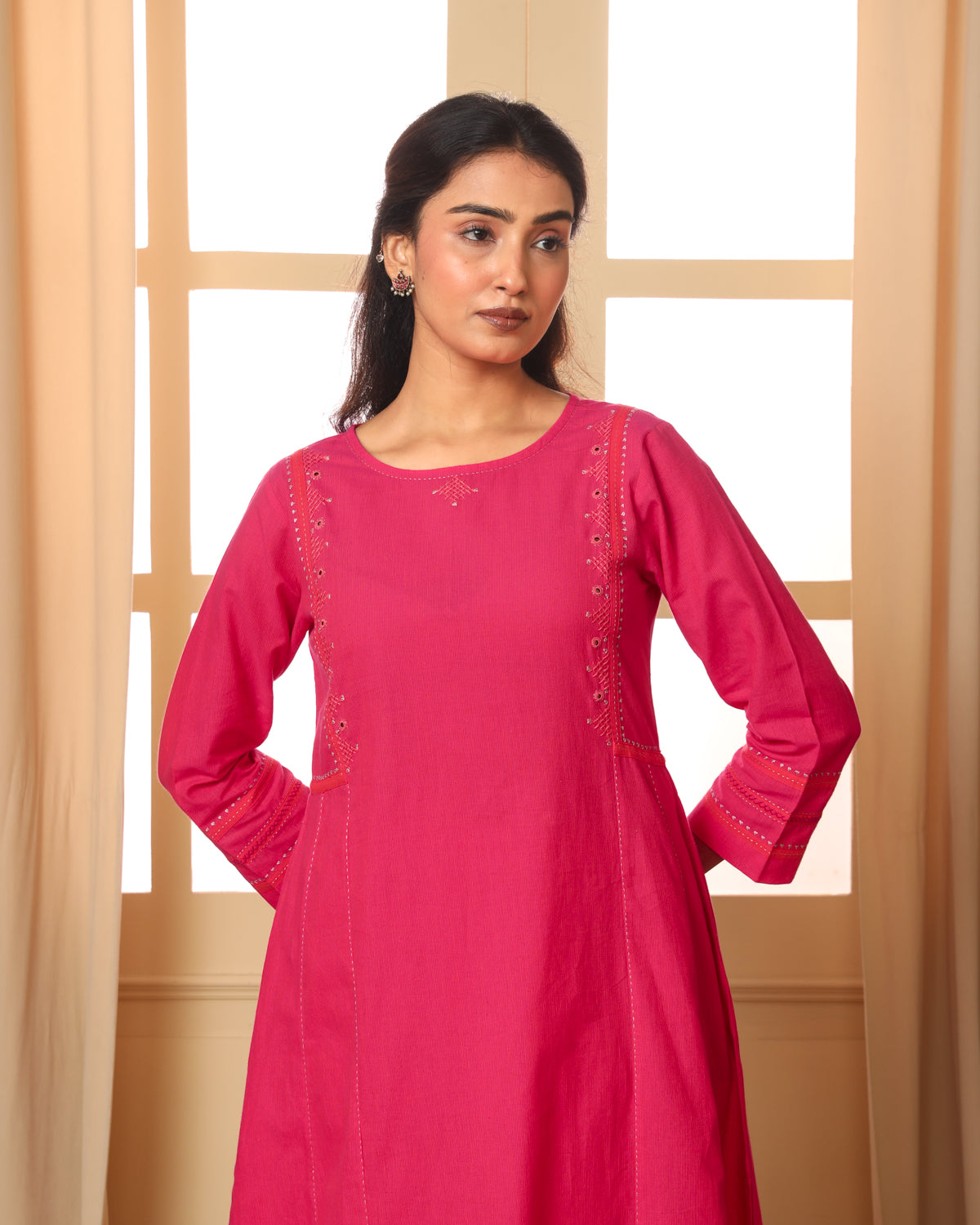 Aashvi Pink Kalidar Mangalgiri Cotton Kurta With Desert Hand Embroidery