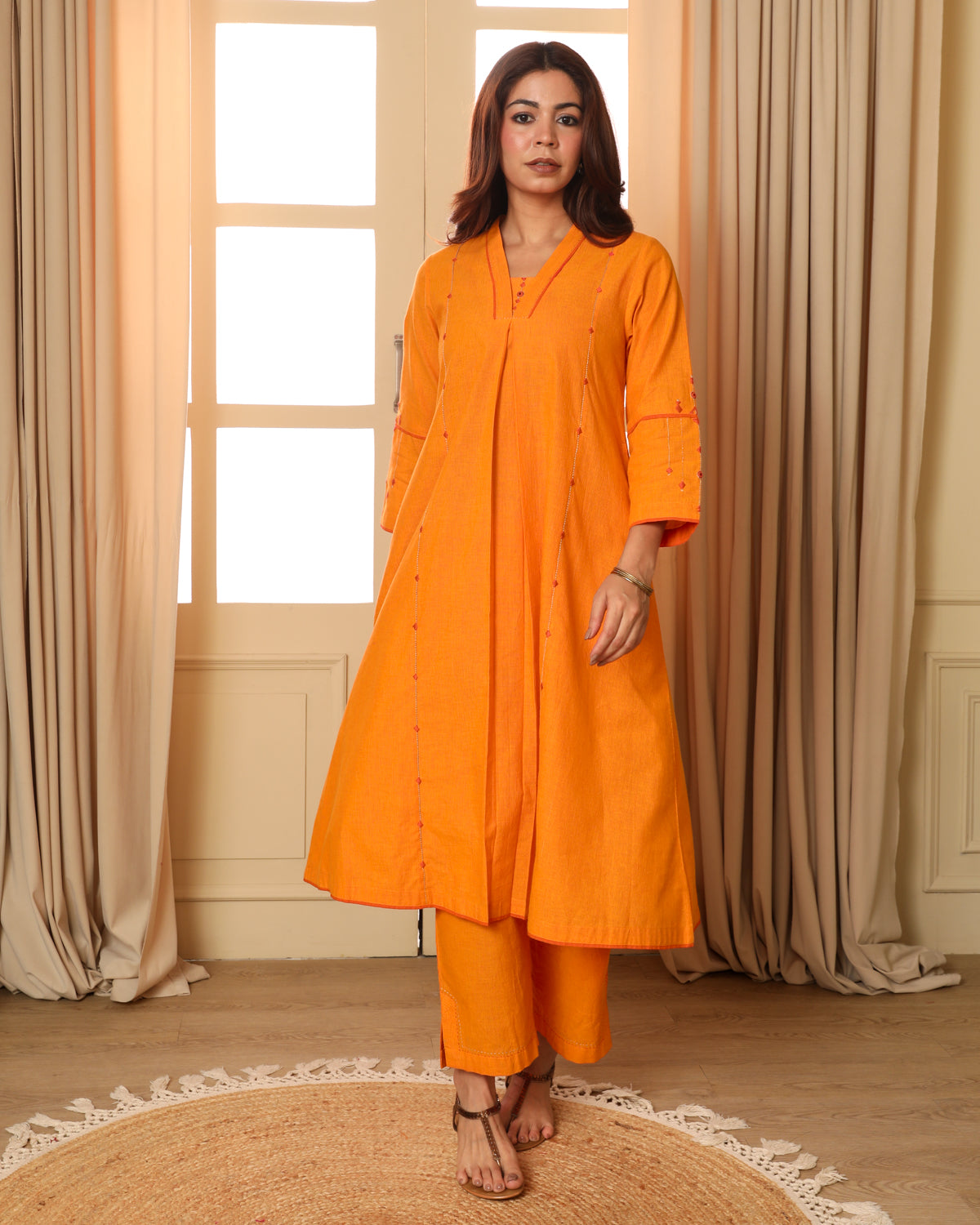 Aashvi Yellow Pleated Mangalgiri Cotton Kurta With Soof Hand Embroidery