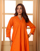 Aashvi Yellow Pleated Mangalgiri Cotton Kurta With Soof Hand Embroidery