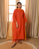 Aashvi Orange Flared Mangalgiri Cotton Kurta With Soof Hand Embroidery