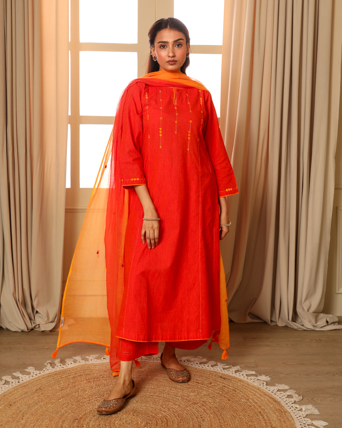 Aashvi Orange Flared Mangalgiri Cotton Kurta With Soof Hand Embroidery