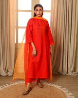 Aashvi Orange Flared Mangalgiri Cotton Kurta With Soof Hand Embroidery