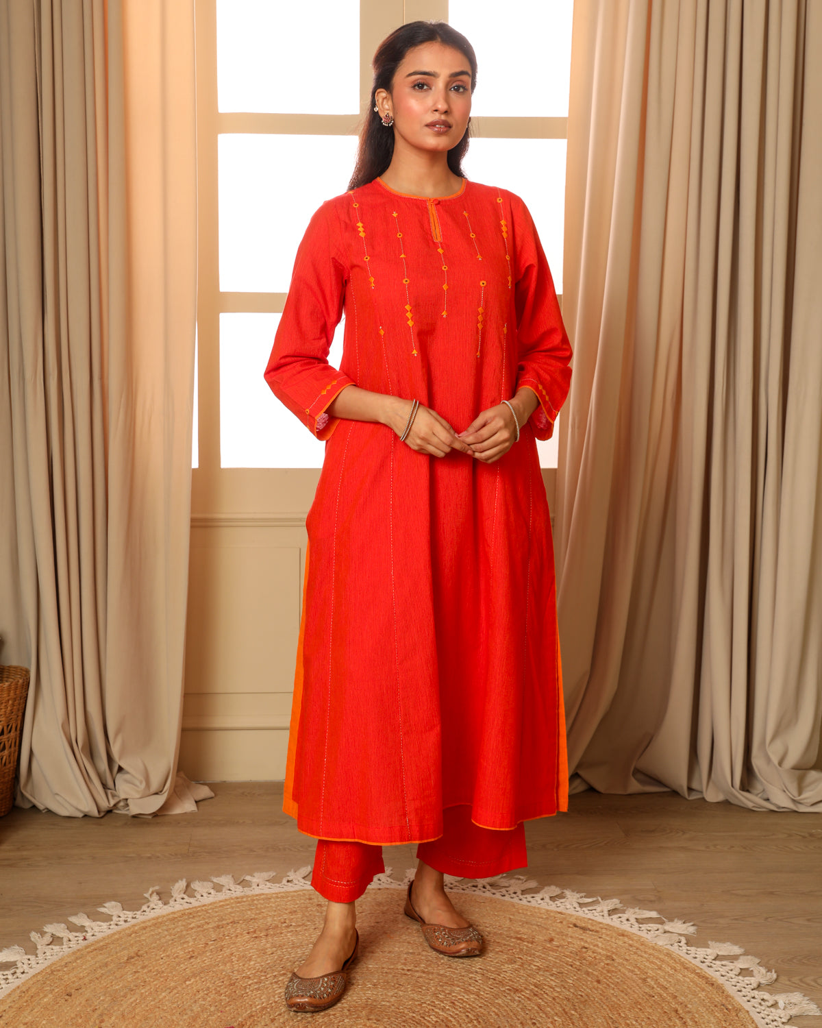 Aashvi Orange Flared Mangalgiri Cotton Kurta With Soof Hand Embroidery