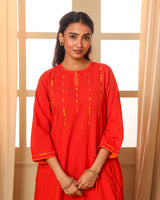 Aashvi Orange Flared Mangalgiri Cotton Kurta With Soof Hand Embroidery
