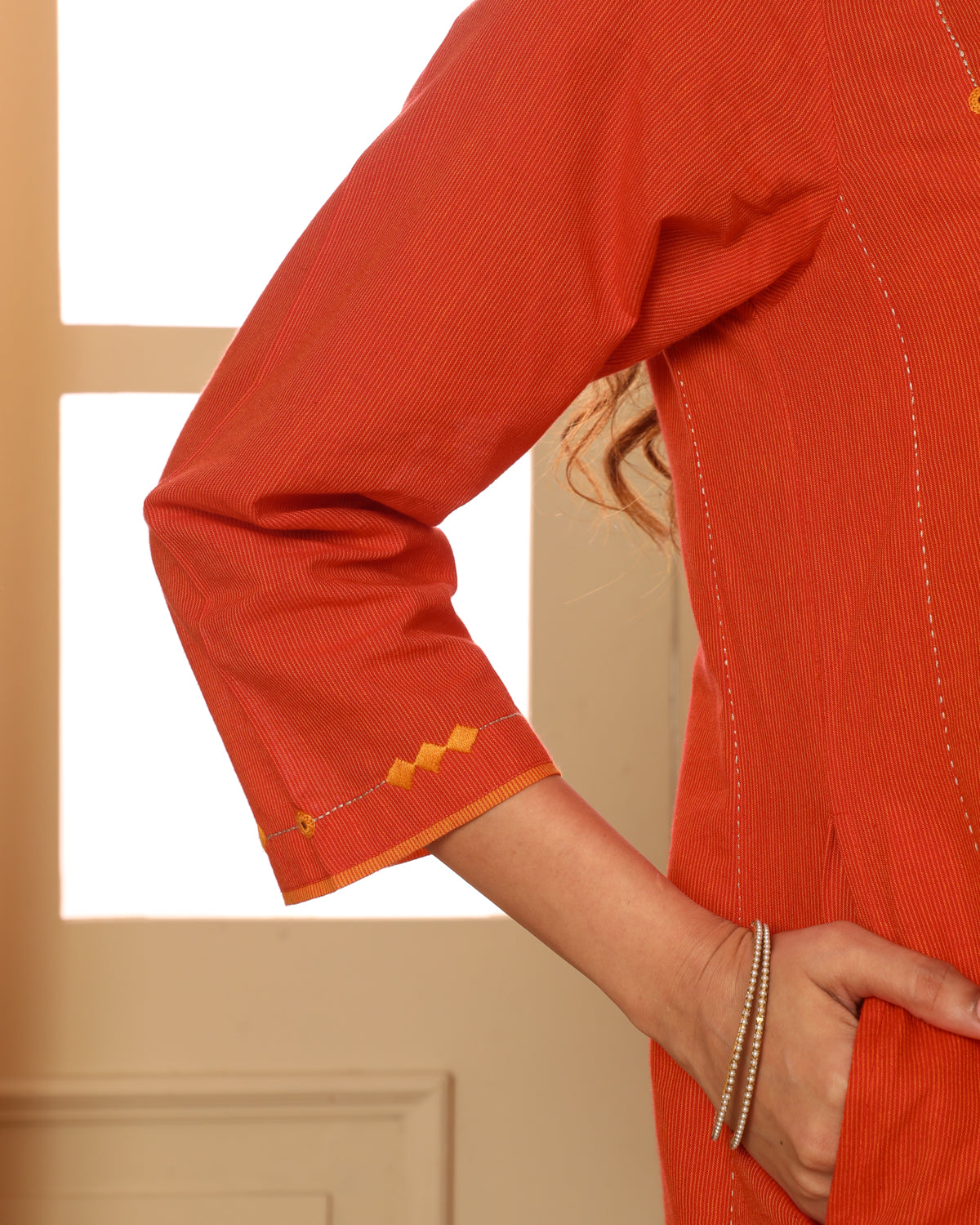 Aashvi Orange Flared Mangalgiri Cotton Kurta With Soof Hand Embroidery