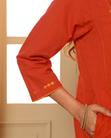 Aashvi Orange Flared Mangalgiri Cotton Kurta With Soof Hand Embroidery
