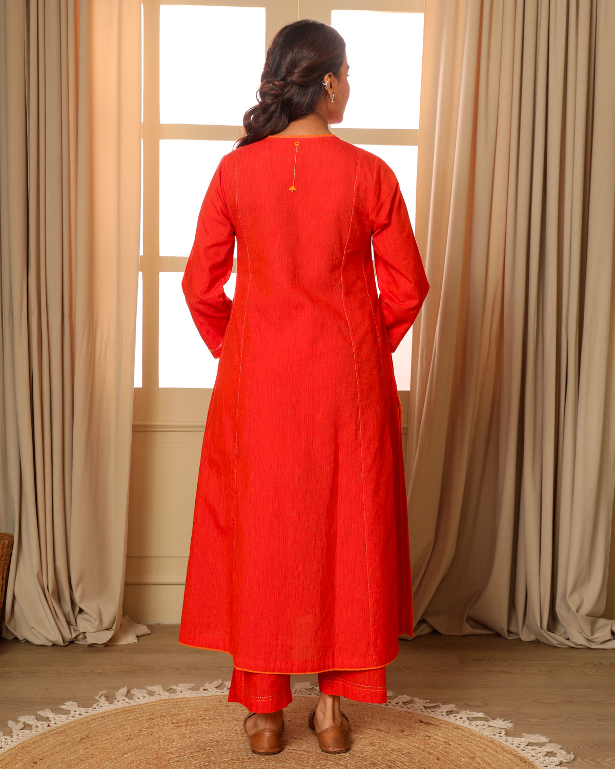 Aashvi Orange Flared Mangalgiri Cotton Kurta With Soof Hand Embroidery