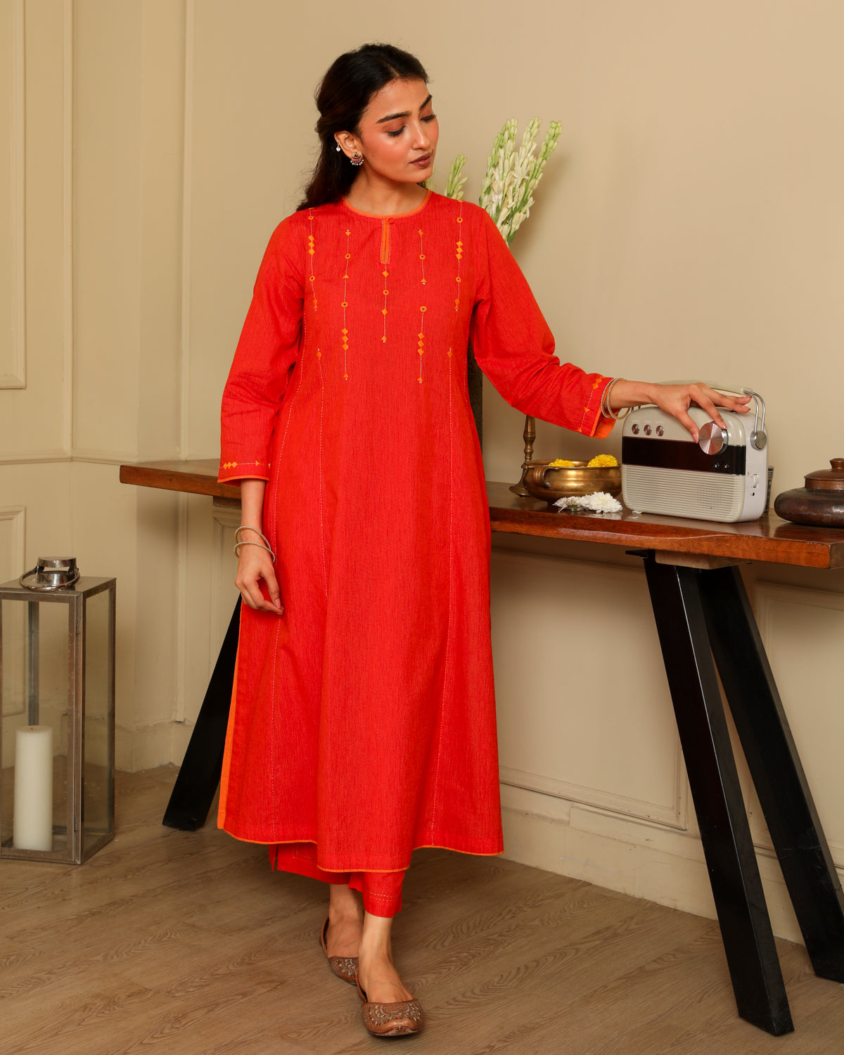 Aashvi Orange Flared Mangalgiri Cotton Kurta With Soof Hand Embroidery