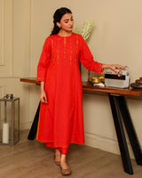 Aashvi Orange Flared Mangalgiri Cotton Kurta With Soof Hand Embroidery
