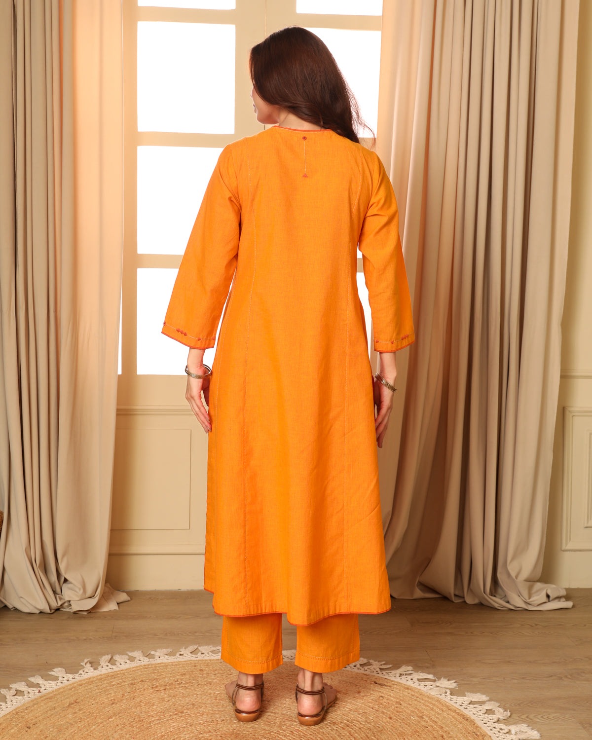 Aashvi Yellow Flared Mangalgiri Cotton Kurta With Soof Hand Embroidery