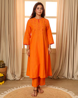 Aashvi Yellow Flared Mangalgiri Cotton Kurta With Soof Hand Embroidery