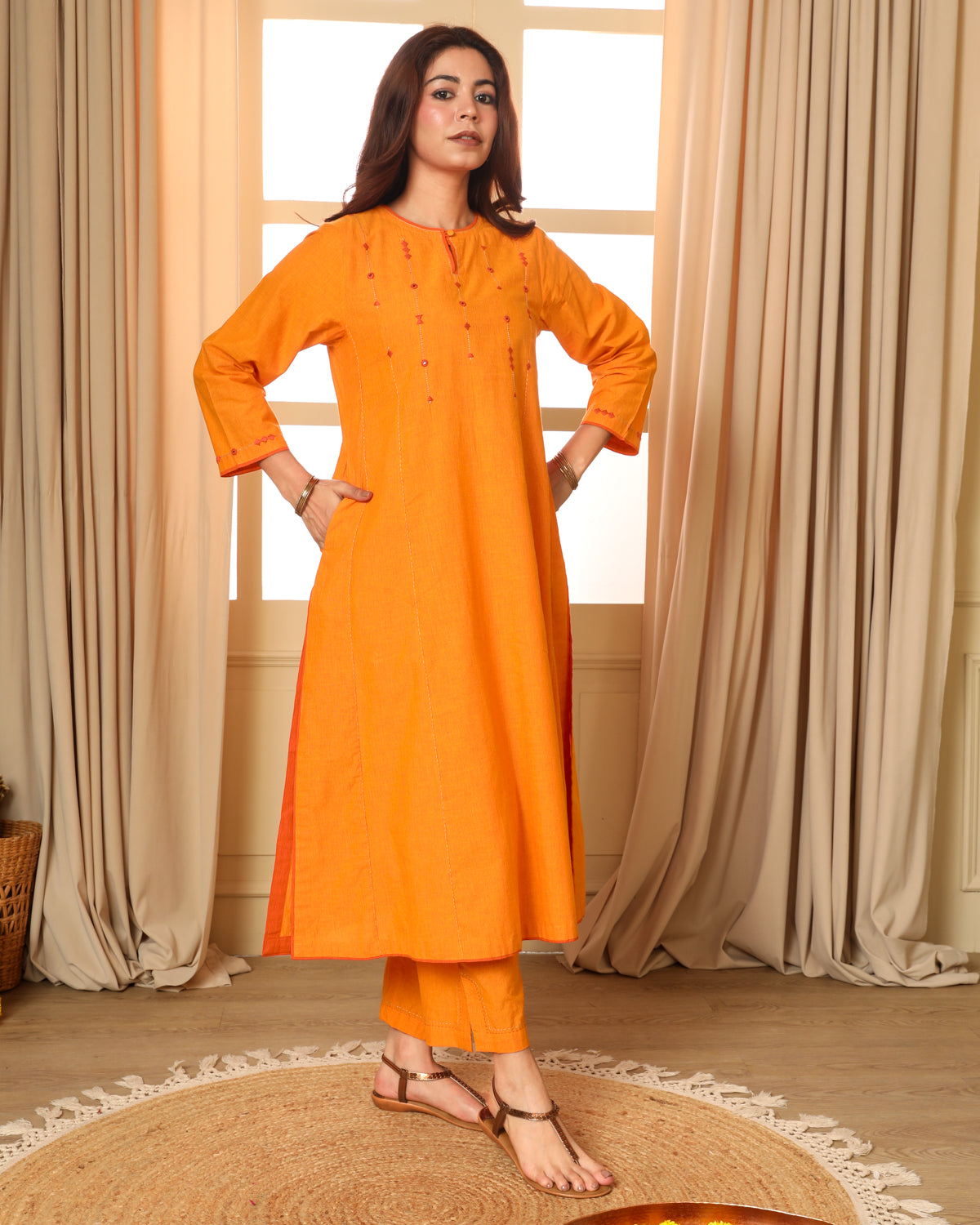 Aashvi Yellow Flared Mangalgiri Cotton Kurta With Soof Hand Embroidery