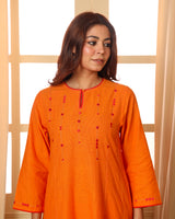 Aashvi Yellow Flared Mangalgiri Cotton Kurta With Soof Hand Embroidery