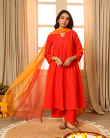 Aashvi Orange Pleated Mangalgiri Cotton Kurta With Soof Hand Embroidery