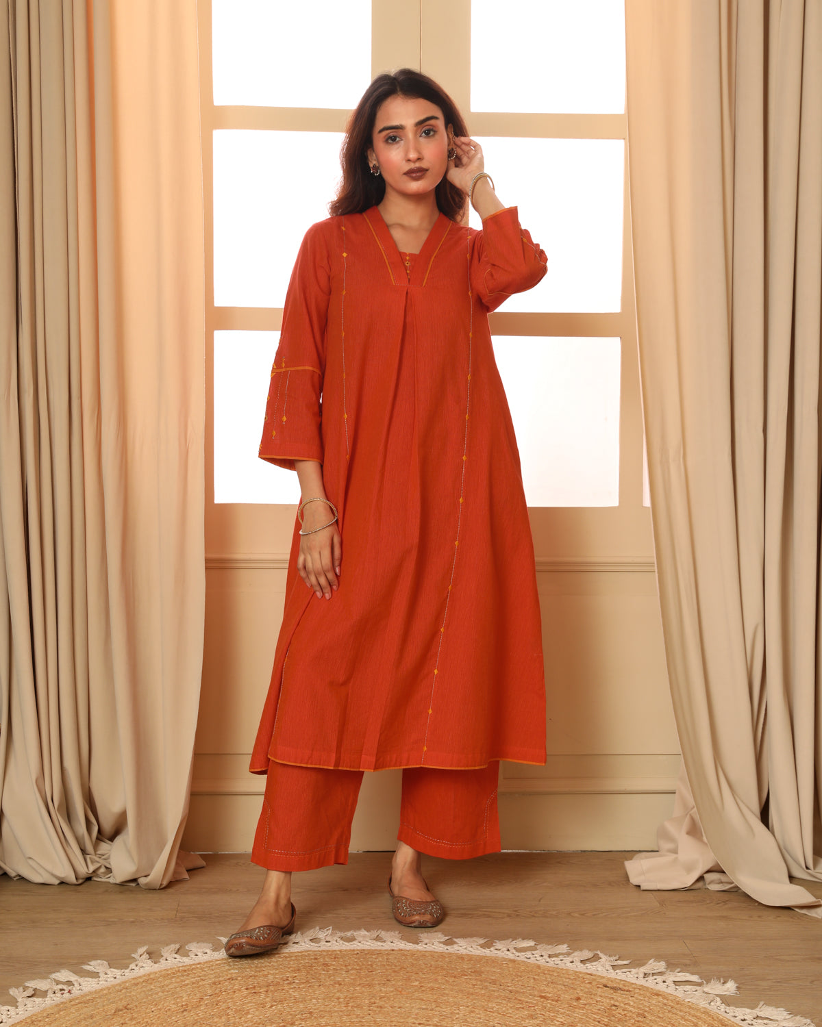 Aashvi Orange Pleated Mangalgiri Cotton Kurta With Soof Hand Embroidery