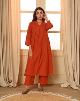 Aashvi Orange Pleated Mangalgiri Cotton Kurta With Soof Hand Embroidery