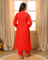 Aashvi Orange Pleated Mangalgiri Cotton Kurta With Soof Hand Embroidery