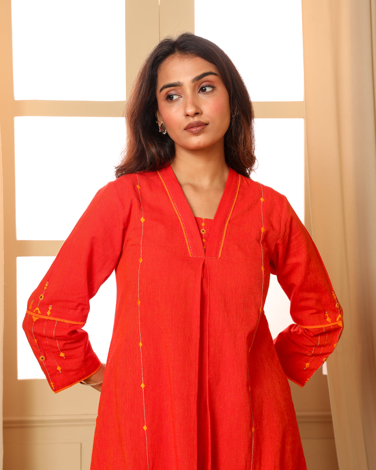 Aashvi Orange Pleated Mangalgiri Cotton Kurta With Soof Hand Embroidery