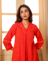Aashvi Orange Pleated Mangalgiri Cotton Kurta With Soof Hand Embroidery