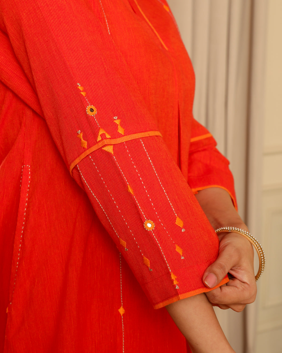 Aashvi Orange Pleated Mangalgiri Cotton Kurta With Soof Hand Embroidery
