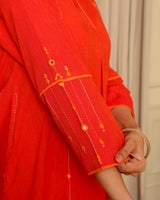 Aashvi Orange Pleated Mangalgiri Cotton Kurta With Soof Hand Embroidery