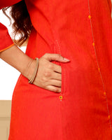 Aashvi Orange Pleated Mangalgiri Cotton Kurta With Soof Hand Embroidery