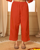 Aashvi Orange Straight-Fit Mangalgiri Cotton Pant With Kantha Hand Embroidery