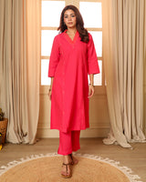 Aashvi Pink V-Neck Mangalgiri Cotton Kurta With Desert Hand Embroidery
