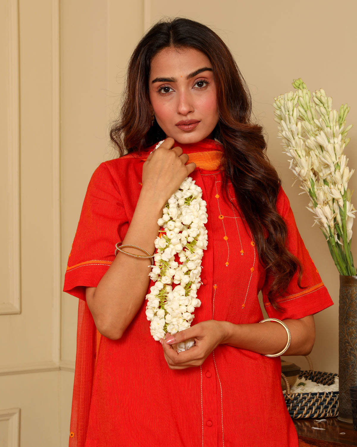 Aashvi Orange Collar Mangalgiri Cotton Kurta With Soof Hand Embroidery
