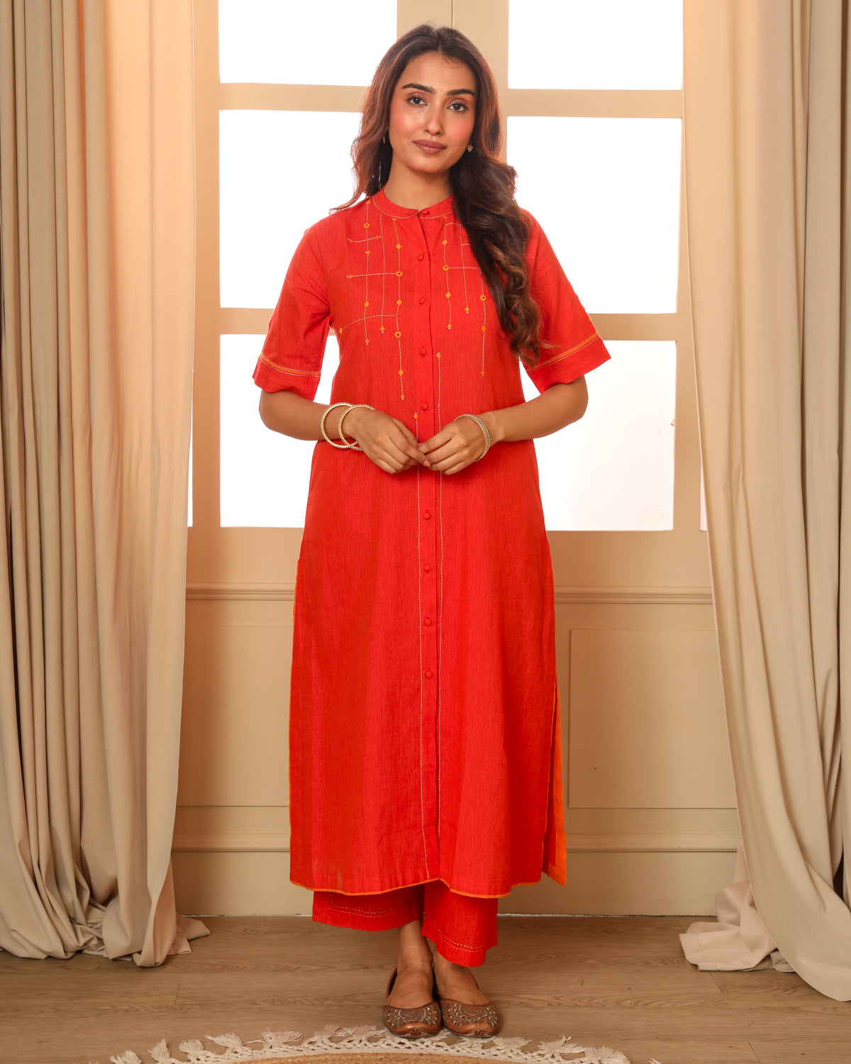 Aashvi Orange Collar Mangalgiri Cotton Kurta With Soof Hand Embroidery