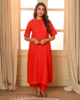 Aashvi Orange Collar Mangalgiri Cotton Kurta With Soof Hand Embroidery