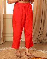 Aashvi Orange Straight-Fit Mangalgiri Cotton Pant With Kantha Hand Embroidery