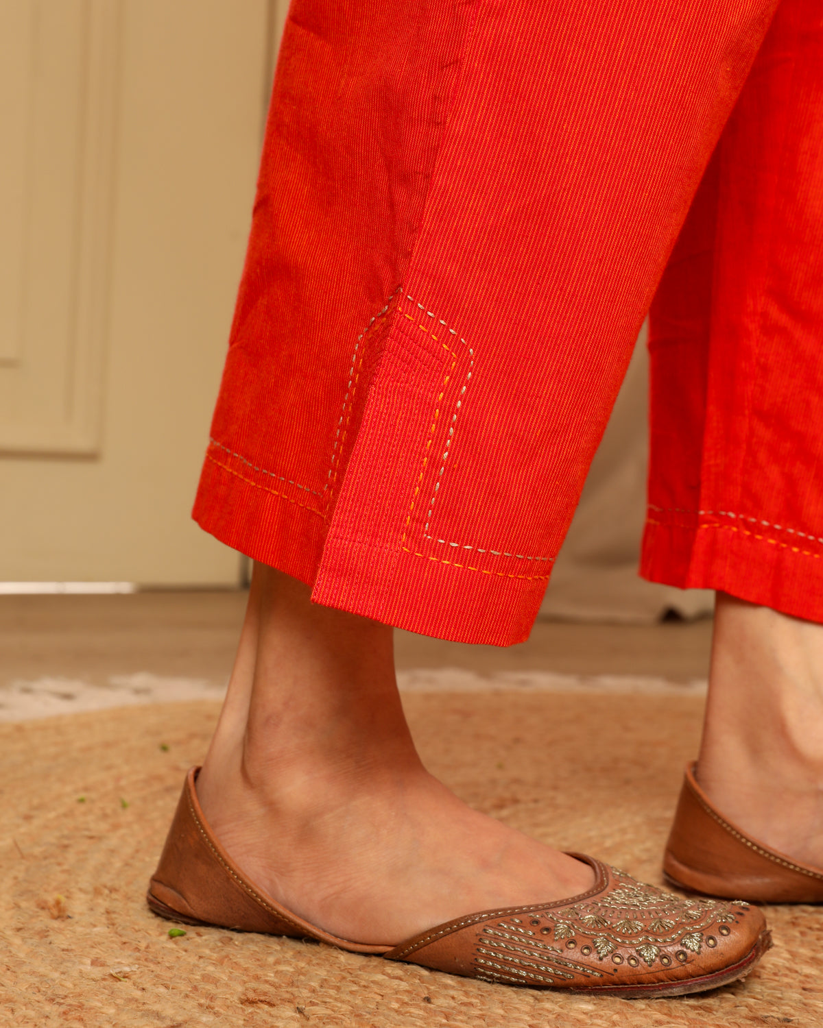 Aashvi Orange Straight-Fit Mangalgiri Cotton Pant With Kantha Hand Embroidery